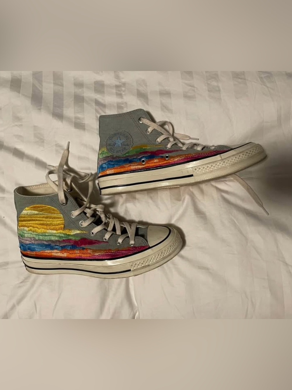 Converse Gray High-Top Sneakers with Rainbow Sunset Embroidery